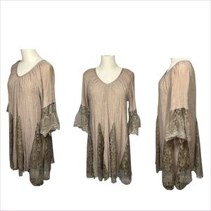 Angel Heart Boutique Dress Sz S Taupe Lace Panel Flare Sleeve Forest Fairy Boho